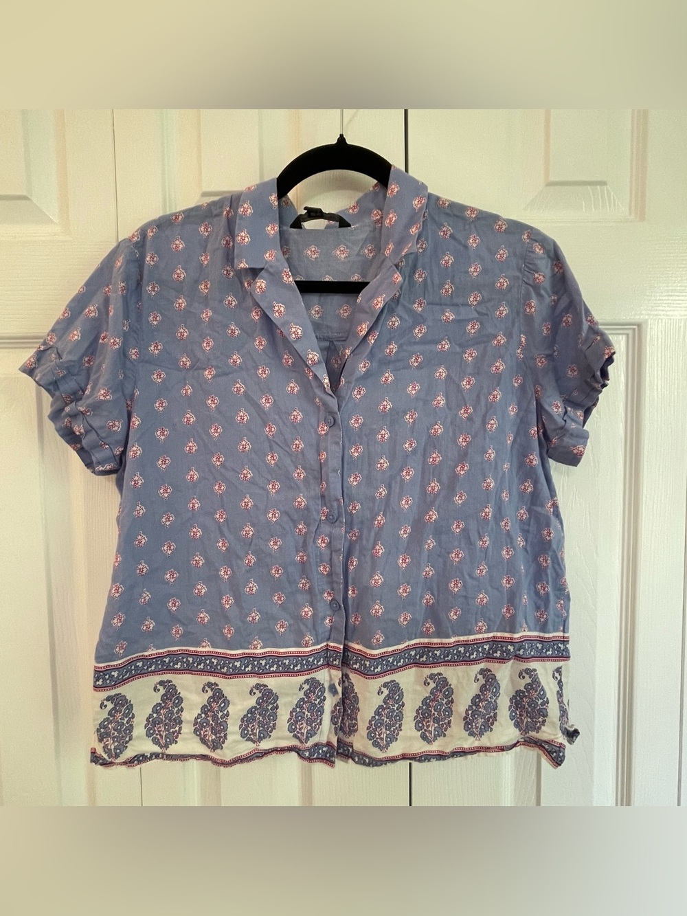 Banana Republic Light Blue Printed Short-Sleeve Button-Front Top